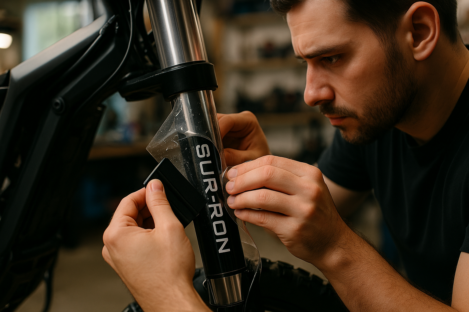 Technician applying paint protection film on a Sur-Ron fork in a workshop.